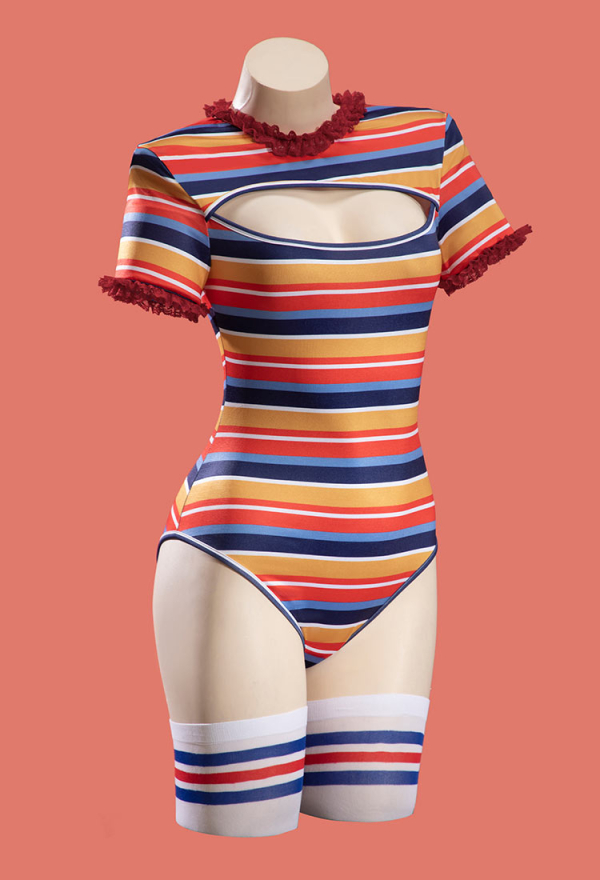 Killer Doll Halloween Gothic Bodysuit Overalls Set Multicolor Striped Cutout Bodysuit with Overalls and Stockings