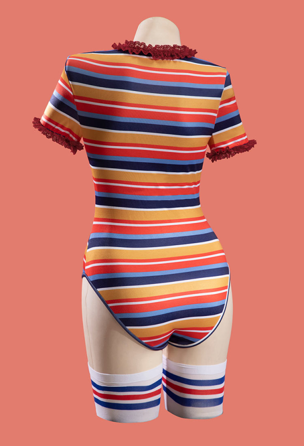 Killer Doll Halloween Gothic Bodysuit Overalls Set Multicolor Striped Cutout Bodysuit with Overalls and Stockings