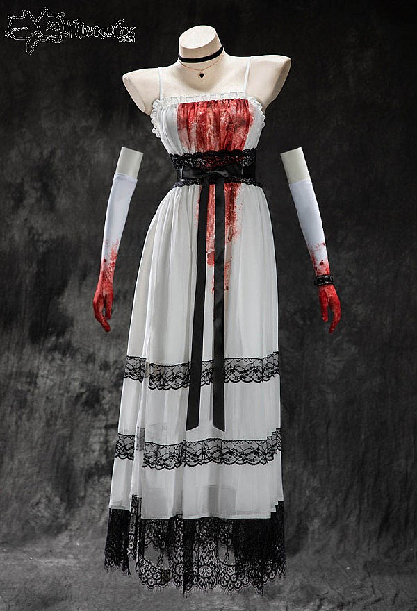 Meowcos.com Rust Roses Halloween White Lace Patchwork Dress Dark Style Strappy Dress with Gloves and Choker