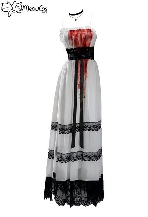 Meowcos.com Rust Roses Halloween White Lace Patchwork Dress Dark Style Strappy Dress with Gloves and Choker