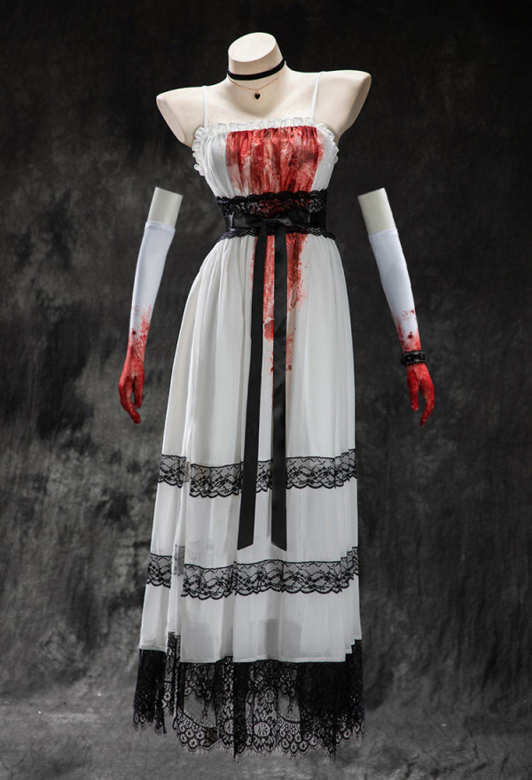 Meowcos.com Rust Roses Halloween White Lace Patchwork Dress Dark Style Strappy Dress with Gloves and Choker Meowcos.com Rust Roses Halloween White Lace Patchwork Dress Dark Style Strappy Dress with Gloves and Choker