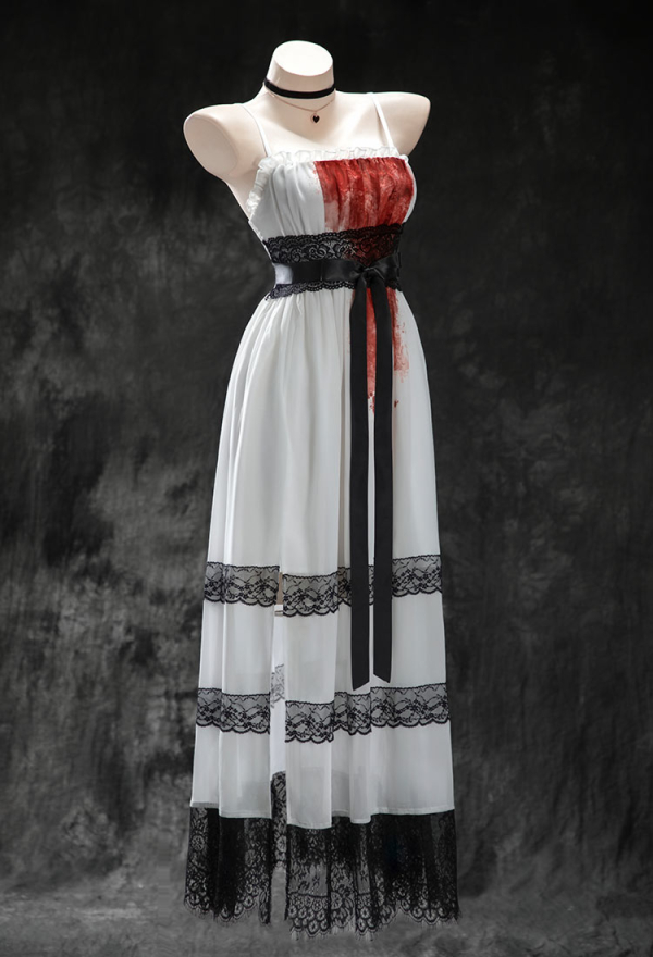Meowcos.com Rust Roses Halloween White Lace Patchwork Dress Dark Style Strappy Dress with Gloves and Choker
