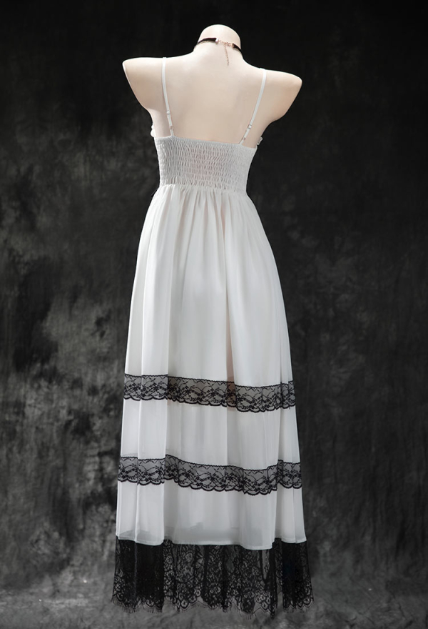Meowcos.com Rust Roses Halloween White Lace Patchwork Dress Dark Style Strappy Dress with Gloves and Choker