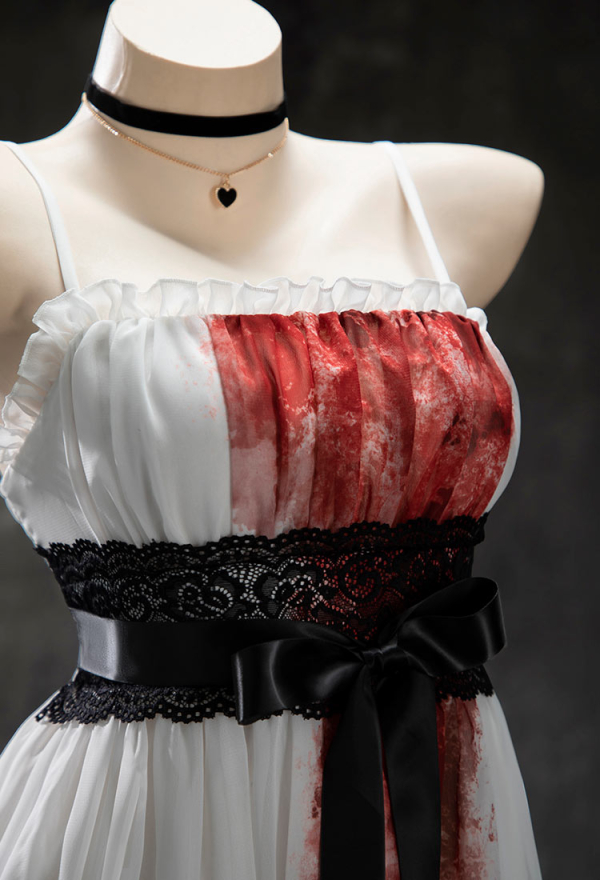 Meowcos.com Rust Roses Halloween White Lace Patchwork Dress Dark Style Strappy Dress with Gloves and Choker