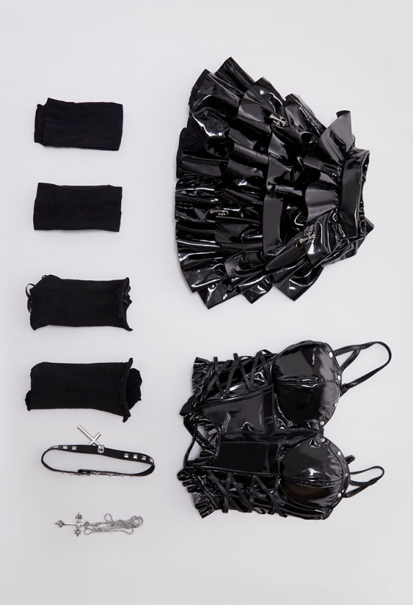 Miss Misa Gothic Black Camisole Skirt Set Dark Style Camisole and Multi Layered Skirt with Choker and Necklace Miss Misa Gothic Black Camisole Skirt Set Dark Style Camisole and Multi Layered Skirt with Choker and Necklace