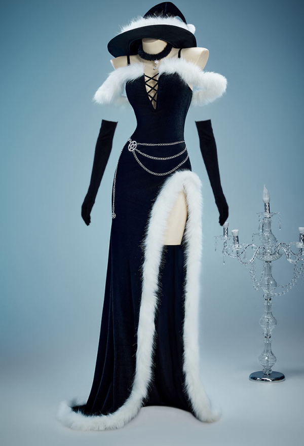 Silent Night Christmas Gothic Black Dress Set Dark Witch Style Furry Dress with Hat Gloves Silent Night Christmas Gothic Black Dress Set Dark Witch Style Furry Dress with Hat Gloves