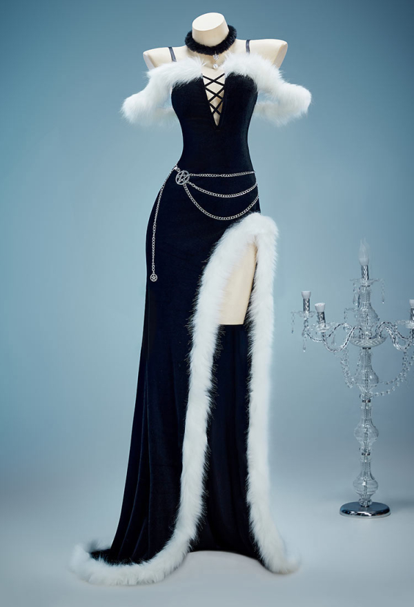 Silent Night Christmas Gothic Black Dress Set Dark Witch Style Furry Dress with Hat Gloves Silent Night Christmas Gothic Black Dress Set Dark Witch Style Furry Dress with Hat Gloves