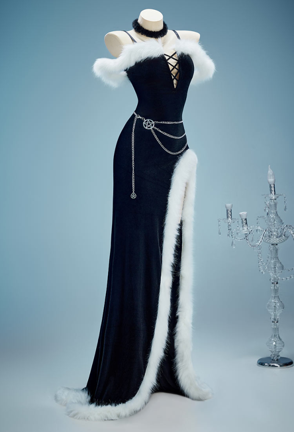Silent Night Christmas Gothic Black Dress Set Dark Witch Style Furry Dress with Hat Gloves Silent Night Christmas Gothic Black Dress Set Dark Witch Style Furry Dress with Hat Gloves