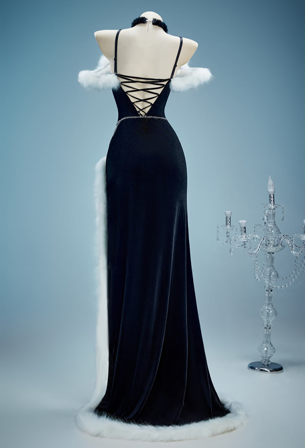 Silent Night Christmas Gothic Black Dress Set Dark Witch Style Furry Dress with Hat Gloves Silent Night Christmas Gothic Black Dress Set Dark Witch Style Furry Dress with Hat Gloves