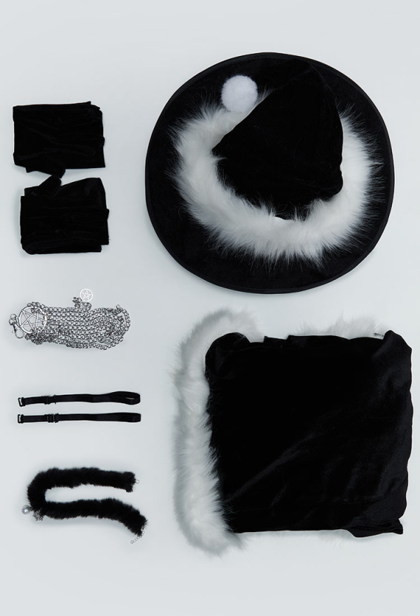 Silent Night Christmas Gothic Black Dress Set Dark Witch Style Furry Dress with Hat Gloves Silent Night Christmas Gothic Black Dress Set Dark Witch Style Furry Dress with Hat Gloves