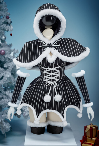 Sweet Nightmare Jack Skellington Style Gothic Costume Striped Dress with Cloak and Sleeves Christmas Outfits