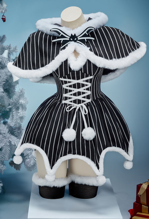 Sweet Nightmare Jack Skellington Style Gothic Costume Striped Dress with Cloak and Sleeves Christmas Outfits Sweet Nightmare Jack Skellington Style Gothic Costume Striped Dress with Cloak and Sleeves Christmas Outfits