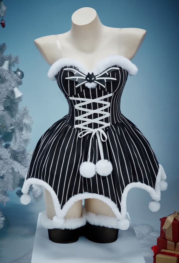 Sweet Nightmare Jack Skellington Style Gothic Costume Striped Dress with Cloak and Sleeves Christmas Outfits Sweet Nightmare Jack Skellington Style Gothic Costume Striped Dress with Cloak and Sleeves Christmas Outfits