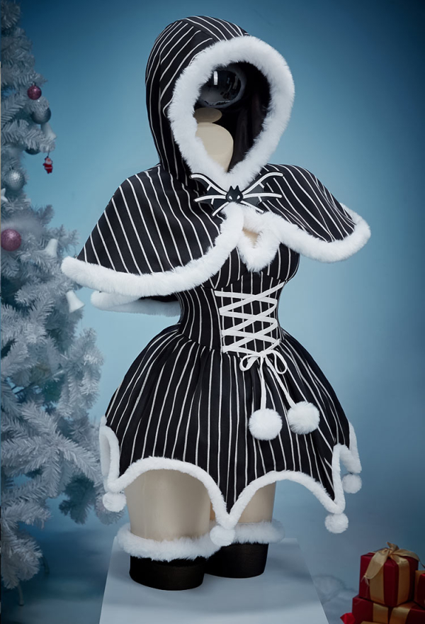 Sweet Nightmare Jack Skellington Style Gothic Costume Striped Dress with Cloak and Sleeves Christmas Outfits Sweet Nightmare Jack Skellington Style Gothic Costume Striped Dress with Cloak and Sleeves Christmas Outfits