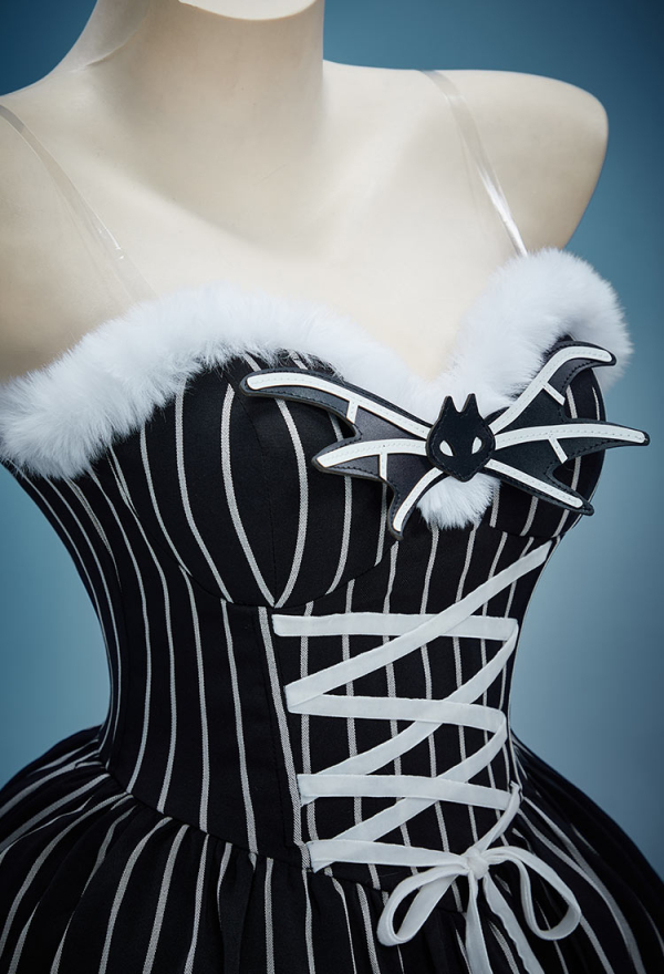 Sweet Nightmare Jack Skellington Style Gothic Costume Striped Dress with Cloak and Sleeves Christmas Outfits Sweet Nightmare Jack Skellington Style Gothic Costume Striped Dress with Cloak and Sleeves Christmas Outfits