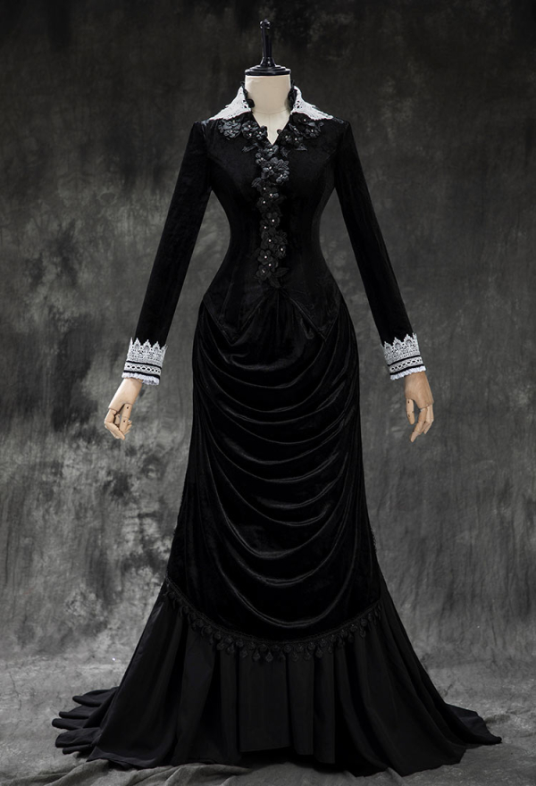 Crimson Peak Derivative Gothic Black Vintage Velvet Bustle Top Skirt Set Dark Style Long Sleeve Top and Long Skirt Crimson Peak Derivative Gothic Black Vintage Velvet Bustle Top Skirt Set Dark Style Long Sleeve Top and Long Skirt