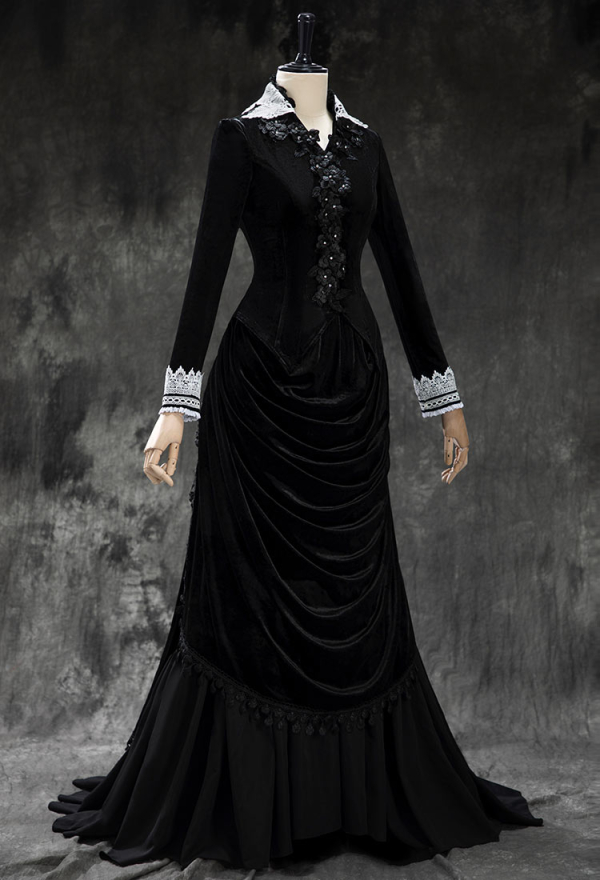 Crimson Peak Derivative Gothic Black Vintage Velvet Bustle Top Skirt Set Dark Style Long Sleeve Top and Long Skirt Crimson Peak Derivative Gothic Black Vintage Velvet Bustle Top Skirt Set Dark Style Long Sleeve Top and Long Skirt