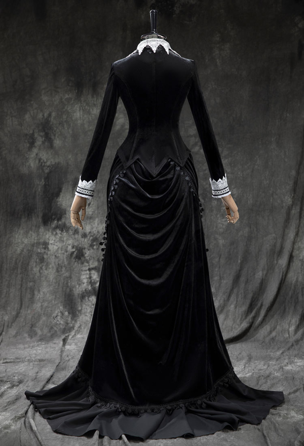 Crimson Peak Derivative Gothic Black Vintage Velvet Bustle Top Skirt Set Dark Style Long Sleeve Top and Long Skirt Crimson Peak Derivative Gothic Black Vintage Velvet Bustle Top Skirt Set Dark Style Long Sleeve Top and Long Skirt