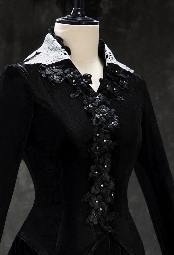 Crimson Peak Derivative Gothic Black Vintage Velvet Bustle Top Skirt Set Dark Style Long Sleeve Top and Long Skirt Crimson Peak Derivative Gothic Black Vintage Velvet Bustle Top Skirt Set Dark Style Long Sleeve Top and Long Skirt