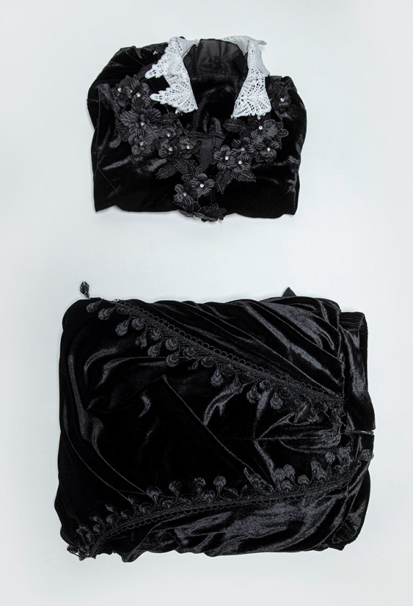 Crimson Peak Derivative Gothic Black Vintage Velvet Bustle Top Skirt Set Dark Style Long Sleeve Top and Long Skirt Crimson Peak Derivative Gothic Black Vintage Velvet Bustle Top Skirt Set Dark Style Long Sleeve Top and Long Skirt