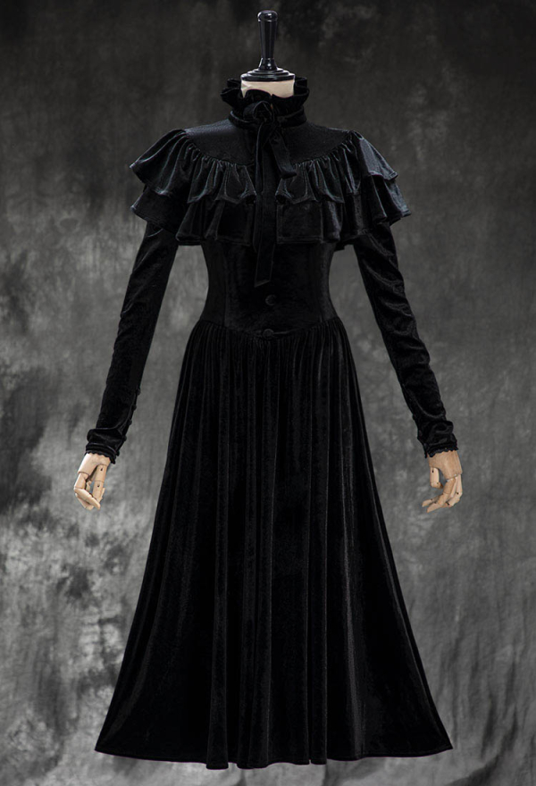 Crimson Cage Gothic Black Velvet Dress Vintage Waist-hugging Dress with Ruffled Cape