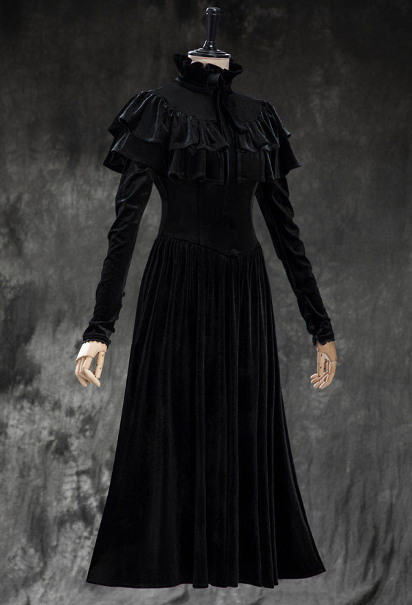 Crimson Cage Gothic Black Velvet Dress Vintage Waist-hugging Dress with Ruffled Cape