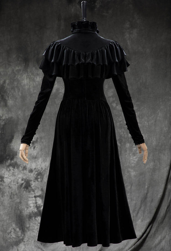 Crimson Cage Gothic Black Velvet Dress Vintage Waist-hugging Dress with Ruffled Cape