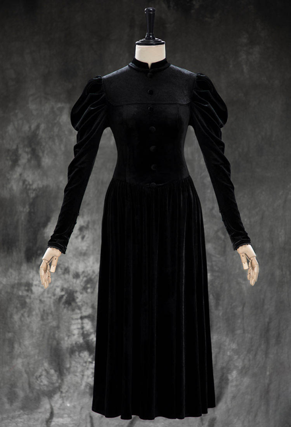 Crimson Cage Gothic Black Velvet Dress Vintage Waist-hugging Dress with Ruffled Cape