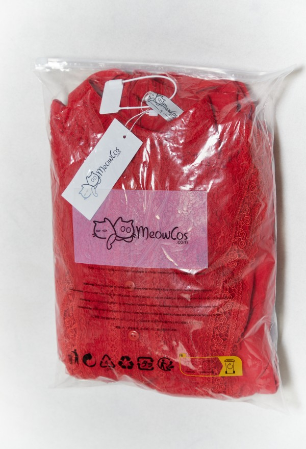 Meowcos.com Blood Pearl Halloween Red A-line Dress Lace Puffy Sleeve Dress with Headpiece