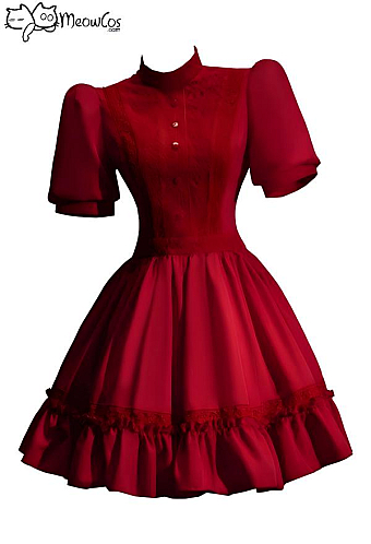 Meowcos.com Blood Pearl Halloween Red A-line Dress Lace Puffy Sleeve Dress with Headpiece