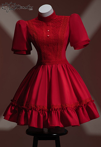 Meowcos.com Blood Pearl Halloween Red A-line Dress Lace Puffy Sleeve Dress with Headpiece