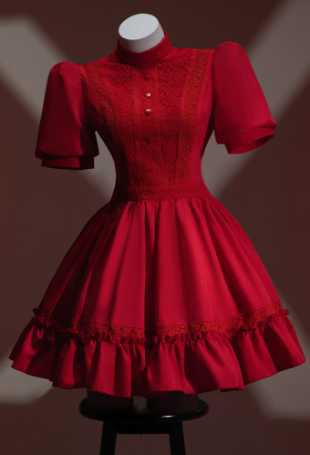 Blood Pearl Halloween Red A-line Dress Lace Puffy Sleeve Dress with Headpiece