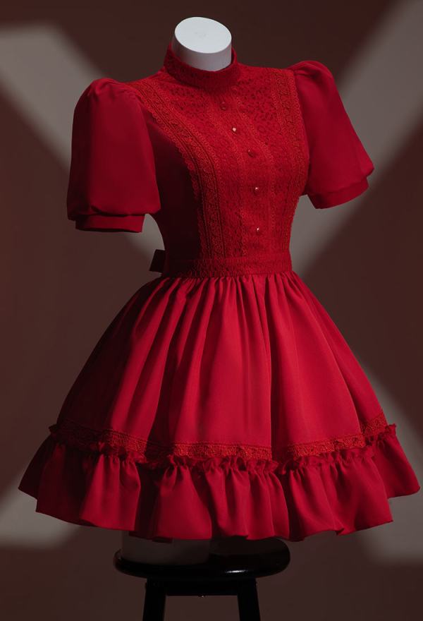 Meowcos.com Blood Pearl Halloween Red A-line Dress Lace Puffy Sleeve Dress with Headpiece