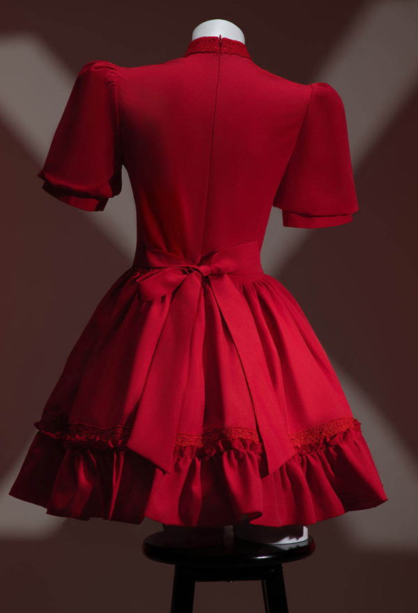 Meowcos.com Blood Pearl Halloween Red A-line Dress Lace Puffy Sleeve Dress with Headpiece