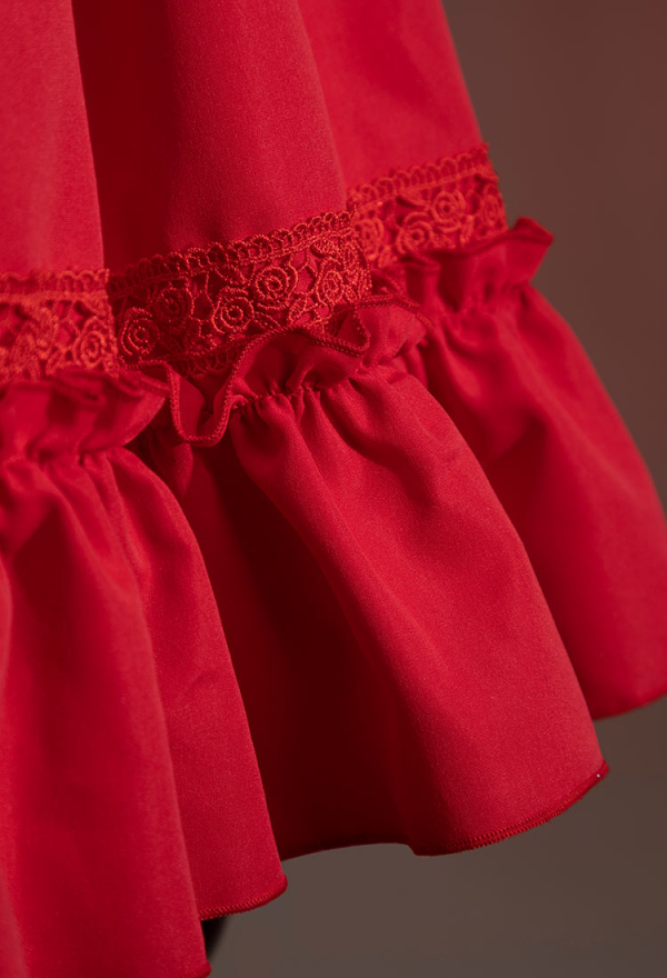 Meowcos.com Blood Pearl Halloween Red A-line Dress Lace Puffy Sleeve Dress with Headpiece