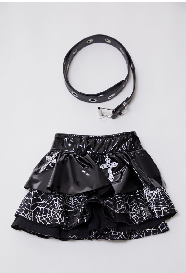 Meowcos.com Gothic Cross Decorated Double Layer Mini Skirt Spider Web Pattern Skirt Plaid Patchwork Skirt with Belt