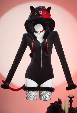 Midnight Meow Gothic Black and Red Cat Bodysuit Plush Deep V Bodysuit with Tail and Socks