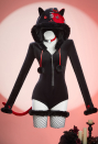 Midnight Meow Gothic Black and Red Cat Bodysuit Plush Deep V Bodysuit with Tail and Socks