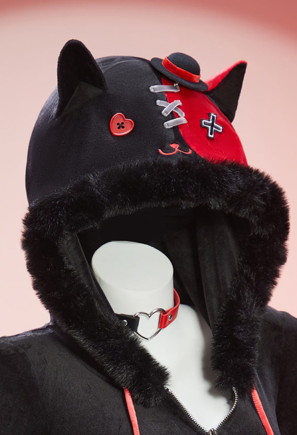 Midnight Meow Gothic Black and Red Cat Bodysuit Plush Deep V Bodysuit with Tail and Socks Midnight Meow Gothic Black and Red Cat Bodysuit Plush Deep V Bodysuit with Tail and Socks
