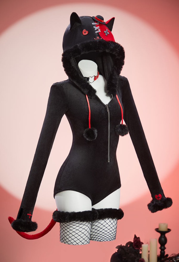 Midnight Meow Gothic Black and Red Cat Bodysuit Plush Deep V Bodysuit with Tail and Socks Midnight Meow Gothic Black and Red Cat Bodysuit Plush Deep V Bodysuit with Tail and Socks