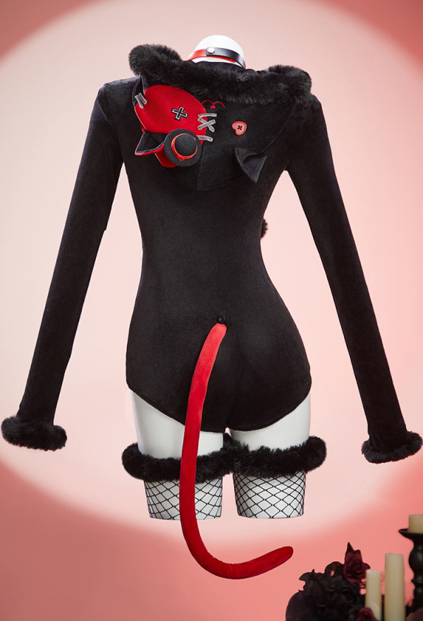 Midnight Meow Gothic Black and Red Cat Bodysuit Plush Deep V Bodysuit with Tail and Socks Midnight Meow Gothic Black and Red Cat Bodysuit Plush Deep V Bodysuit with Tail and Socks