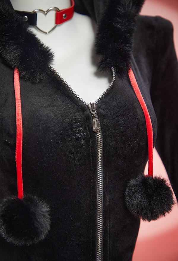 Midnight Meow Gothic Black and Red Cat Bodysuit Plush Deep V Bodysuit with Tail and Socks Midnight Meow Gothic Black and Red Cat Bodysuit Plush Deep V Bodysuit with Tail and Socks