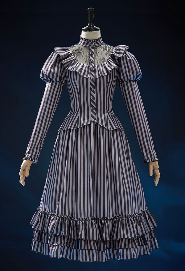 Corpse Bride Derivative The Bride Gothic Striped Suit Retro Style Mesh Patchwork Long-sleeved Top and Multi-layer Skirt Corpse Bride Derivative The Bride Gothic Striped Suit Retro Style Mesh Patchwork Long-sleeved Top and Multi-layer Skirt