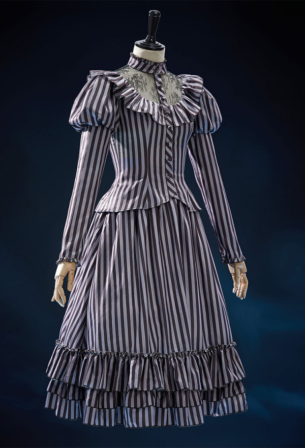 Corpse Bride Derivative The Bride Gothic Striped Suit Retro Style Mesh Patchwork Long-sleeved Top and Multi-layer Skirt Corpse Bride Derivative The Bride Gothic Striped Suit Retro Style Mesh Patchwork Long-sleeved Top and Multi-layer Skirt