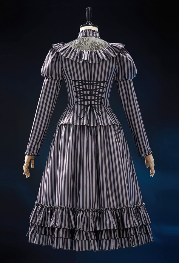 Corpse Bride Derivative The Bride Gothic Striped Suit Retro Style Mesh Patchwork Long-sleeved Top and Multi-layer Skirt Corpse Bride Derivative The Bride Gothic Striped Suit Retro Style Mesh Patchwork Long-sleeved Top and Multi-layer Skirt