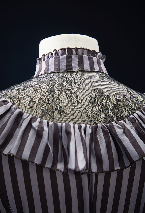 Corpse Bride Derivative The Bride Gothic Striped Suit Retro Style Mesh Patchwork Long-sleeved Top and Multi-layer Skirt Corpse Bride Derivative The Bride Gothic Striped Suit Retro Style Mesh Patchwork Long-sleeved Top and Multi-layer Skirt