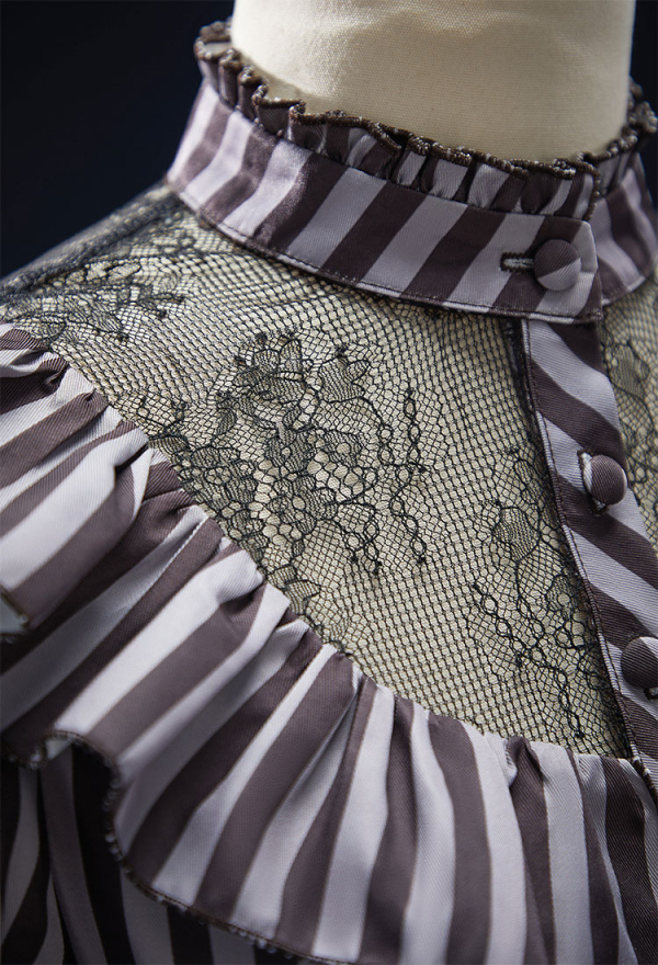 Corpse Bride Derivative The Bride Gothic Striped Suit Retro Style Mesh Patchwork Long-sleeved Top and Multi-layer Skirt Corpse Bride Derivative The Bride Gothic Striped Suit Retro Style Mesh Patchwork Long-sleeved Top and Multi-layer Skirt