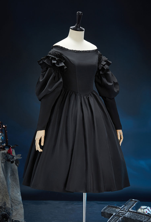 Nosferatu-A Symphony Of horror Derivative Moonrot Shadow Gothic Black Strapless Dress Dark Style Dress with Puffed Sleeves