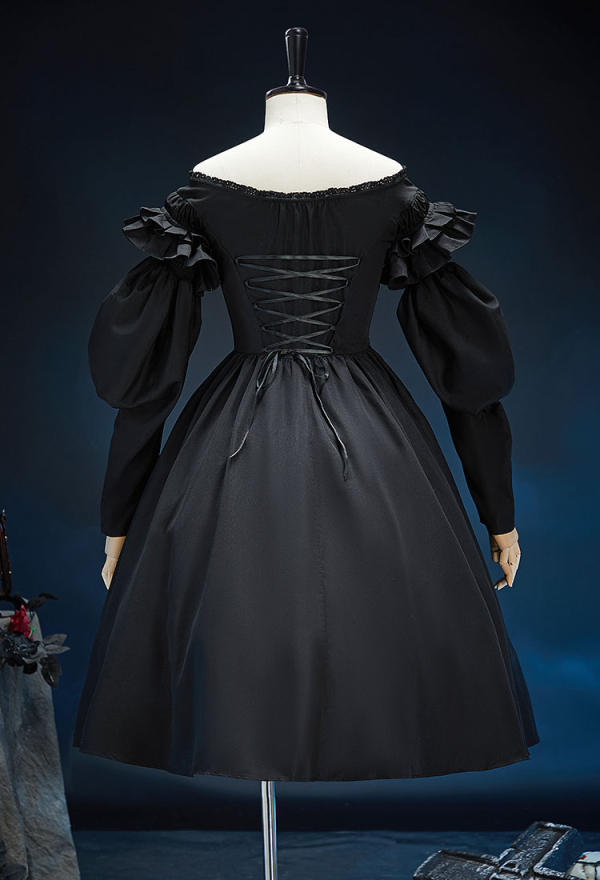 Nosferatu-A Symphony Of horror Derivative Moonrot Shadow Gothic Black Strapless Dress Dark Style Dress with Puffed Sleeves