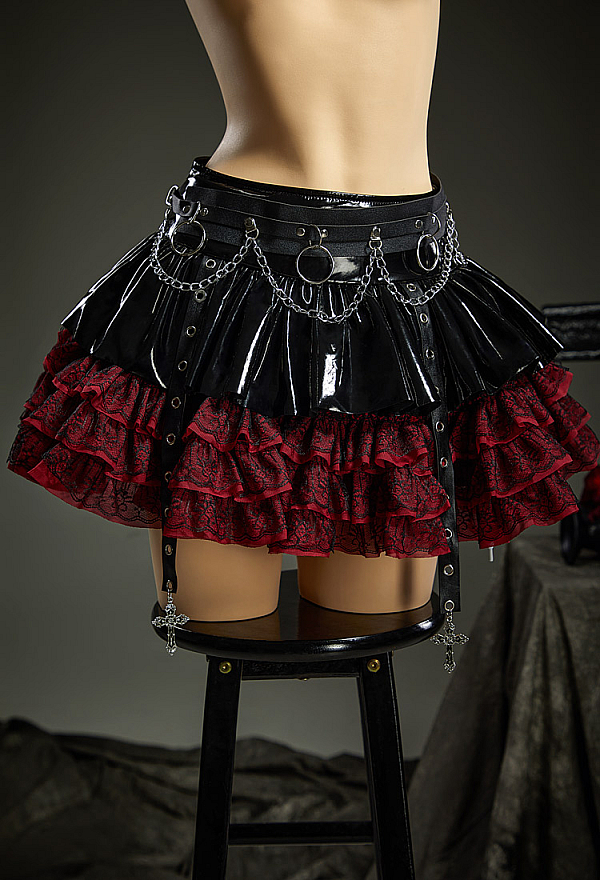Gothic Multi-Layered Mini Skirt Dark Punk Style PU Leather Skirt